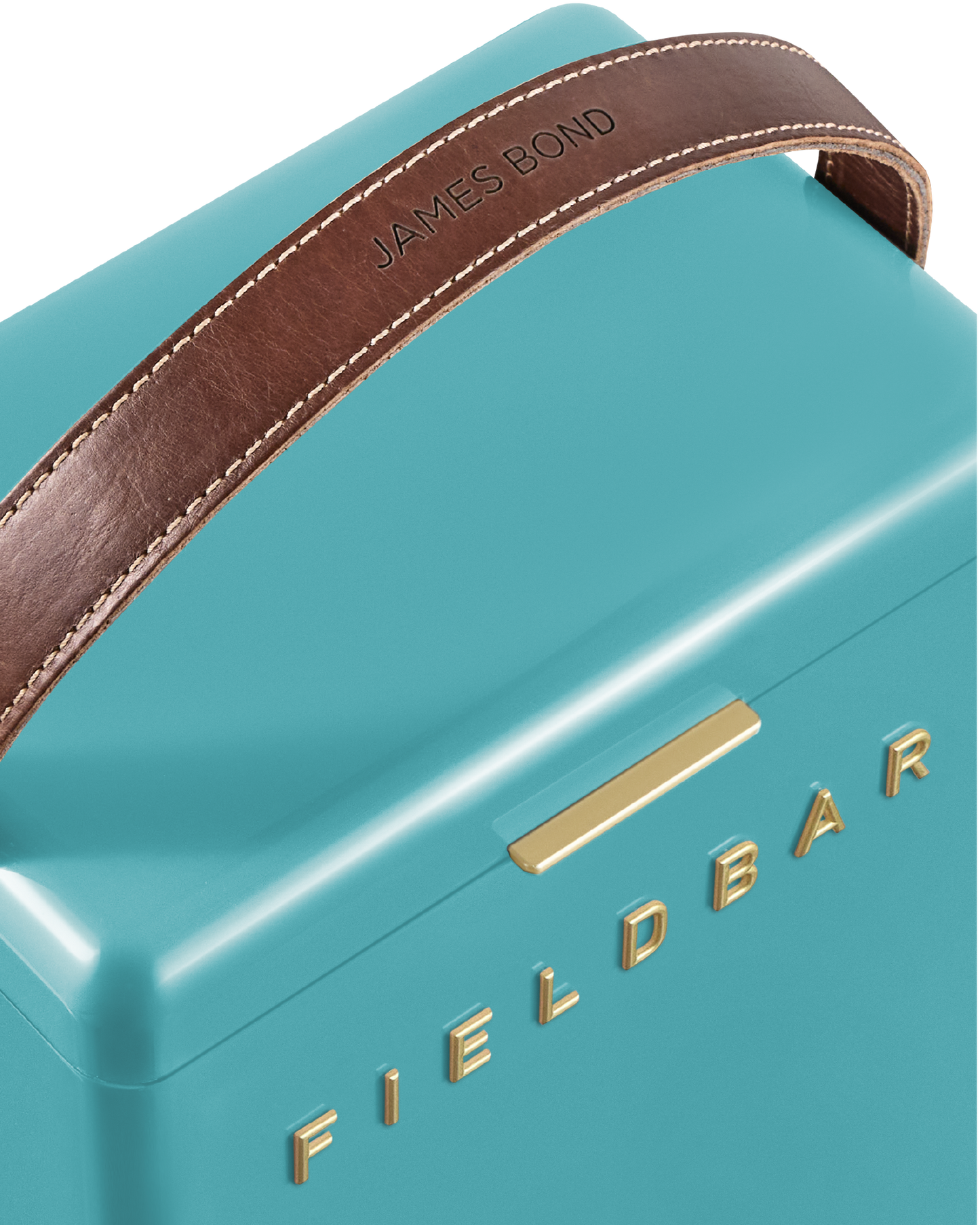 Close-up leather handle Bazaruto Blue Cooler Box – designer hardcase cooler