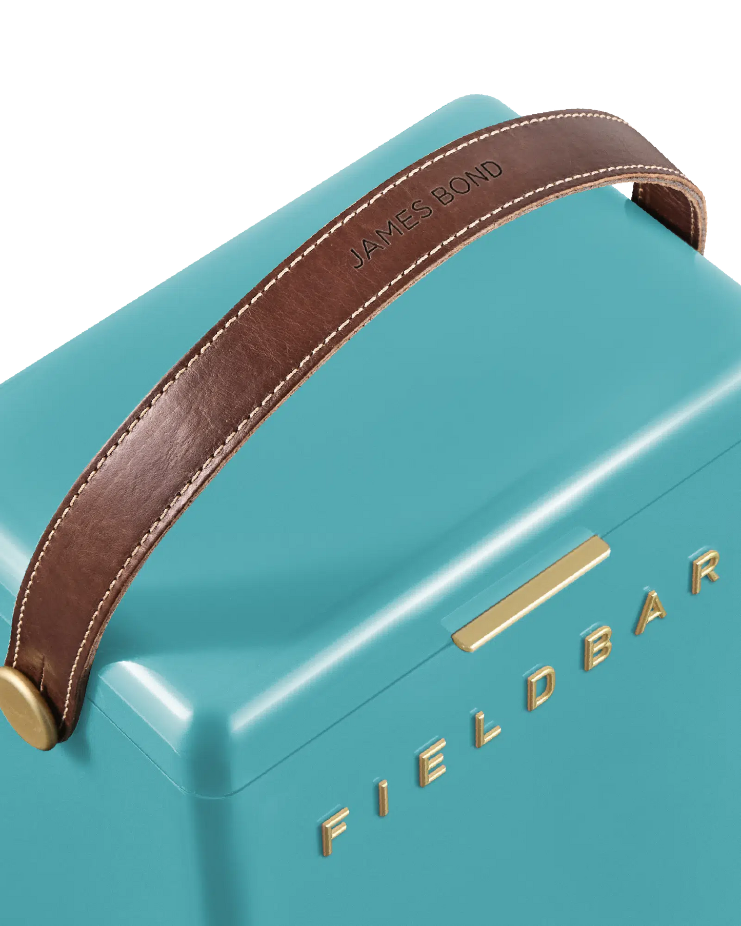 Close-up leather handle Bazaruto Blue Cooler Box – designer hardcase cooler