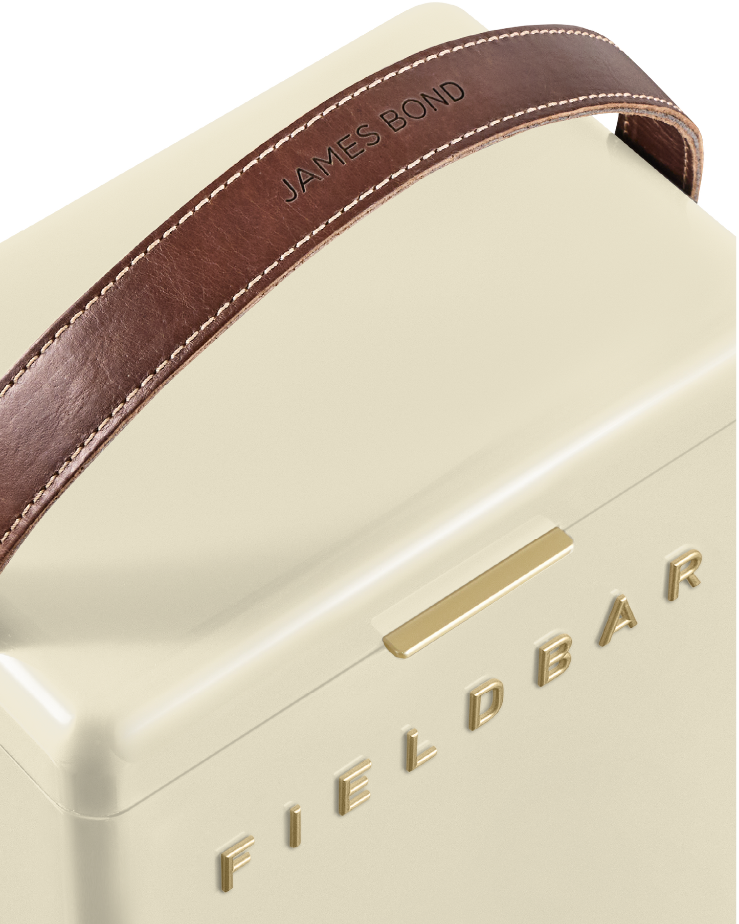 Close-up leather handle Safari White Cooler Box – designer hardcase cooler
