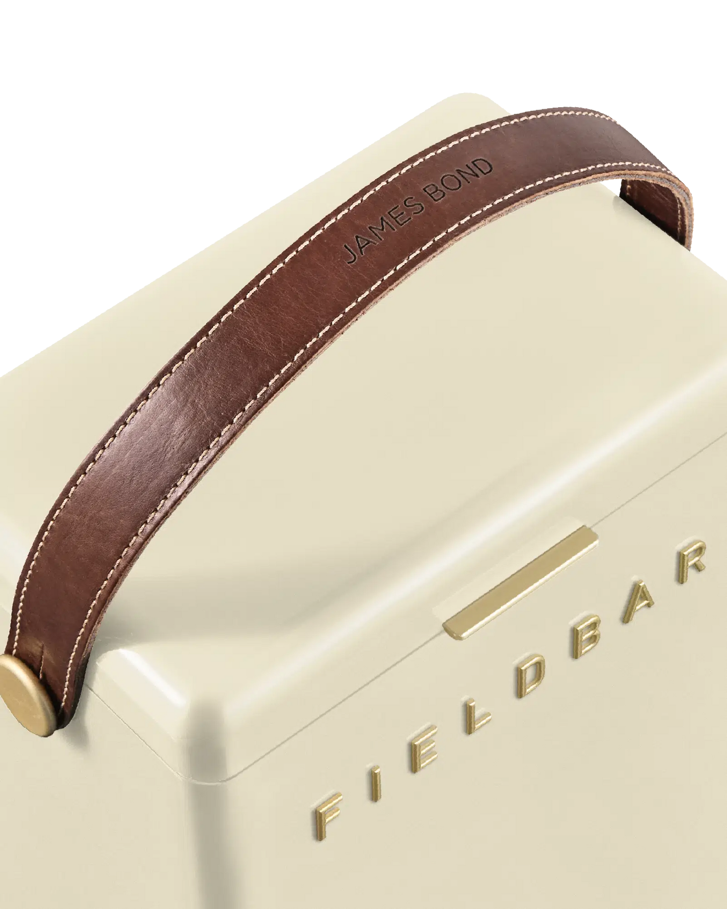 Close-up leather handle Safari White Cooler Box – designer hardcase cooler