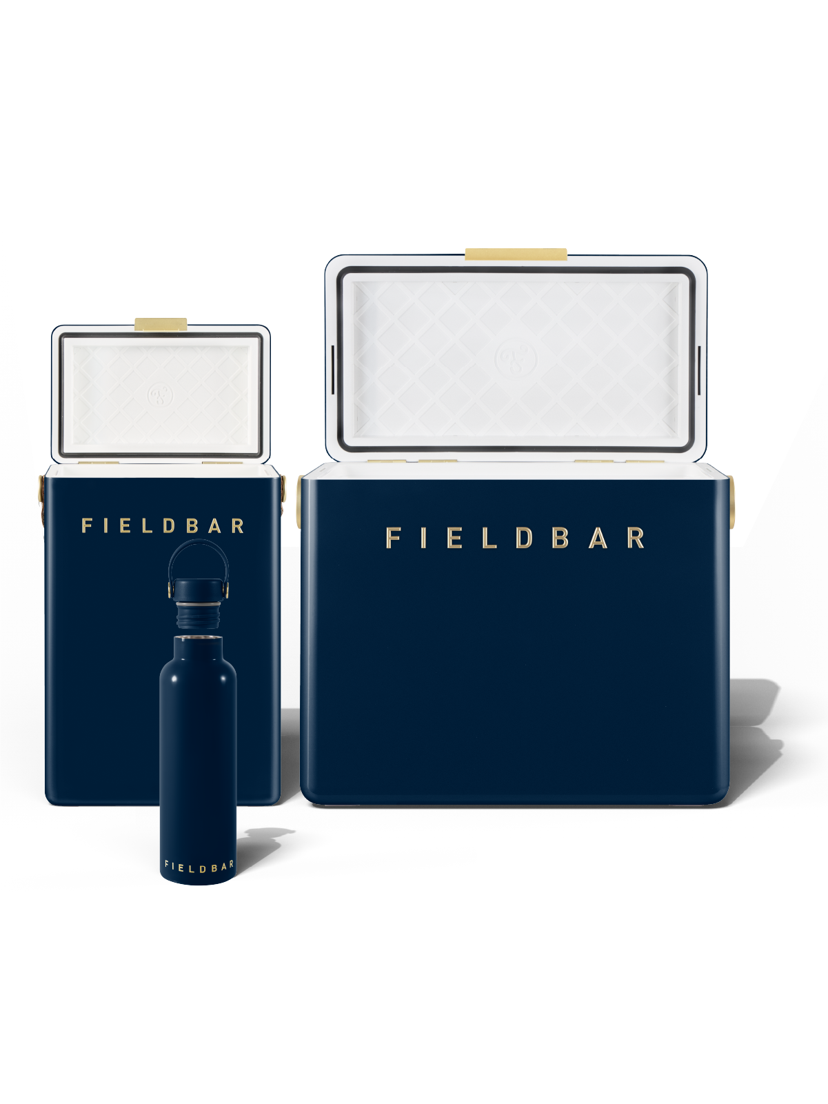 Cooler Box Set – Sea Boat Blue with matching Field Bottle, cooler boxes open