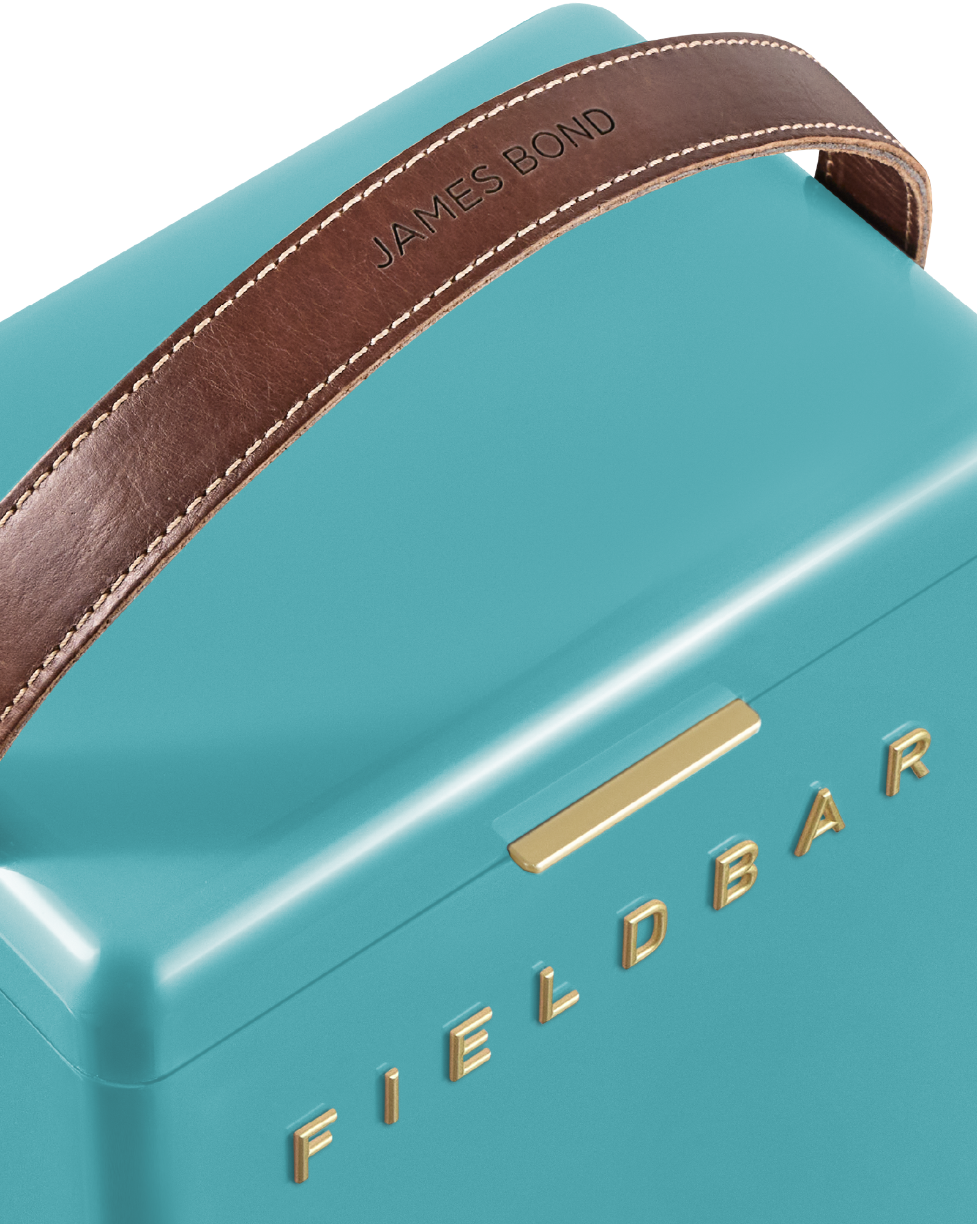 Close-up leather handle Bazaruto Blue Cooler Box – designer hardcase cooler