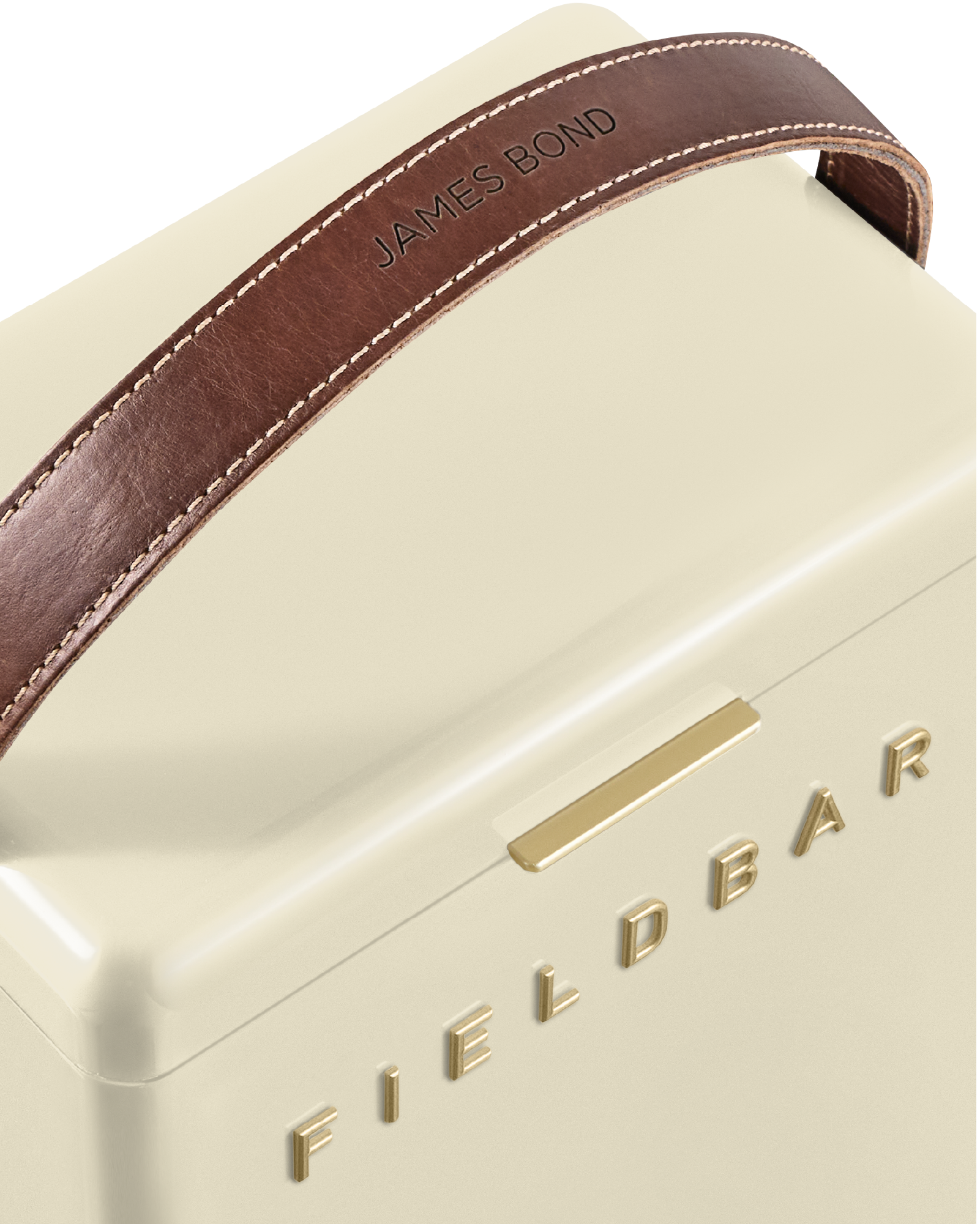 Close-up leather handle Safari White Cooler Box – designer hardcase cooler
