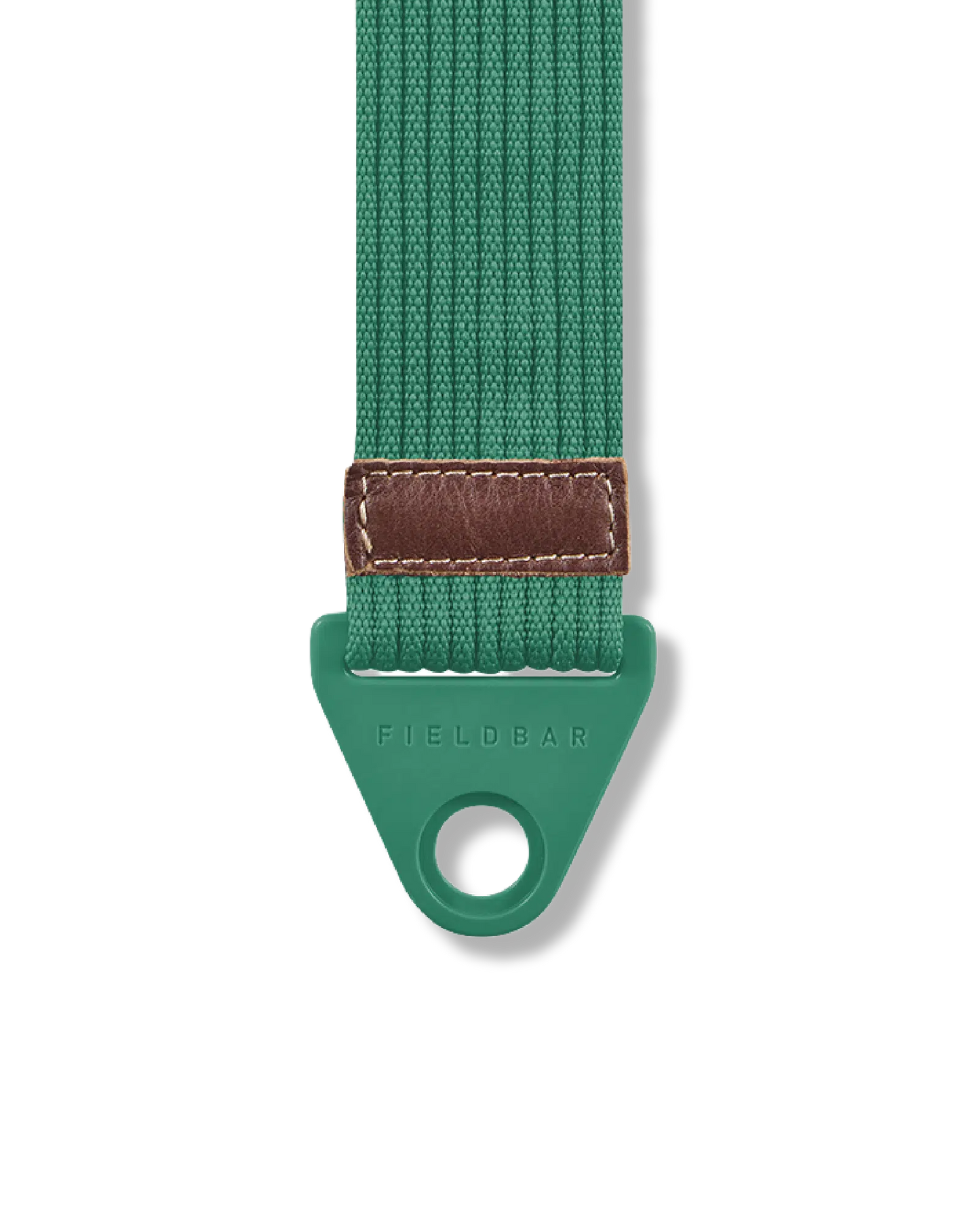 Green belt with a brown buckle and green plastic buckle cover on a white background