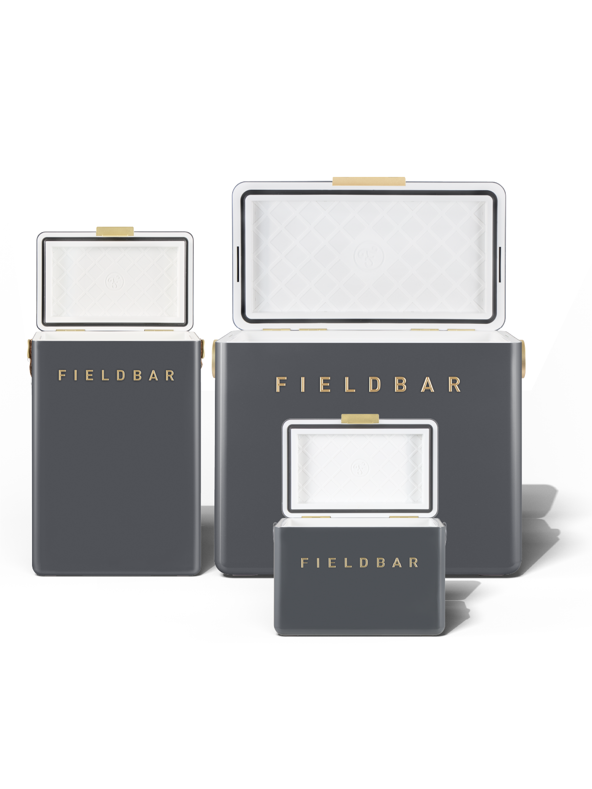 Fieldbar Oyster Grey cooler trio lids open 