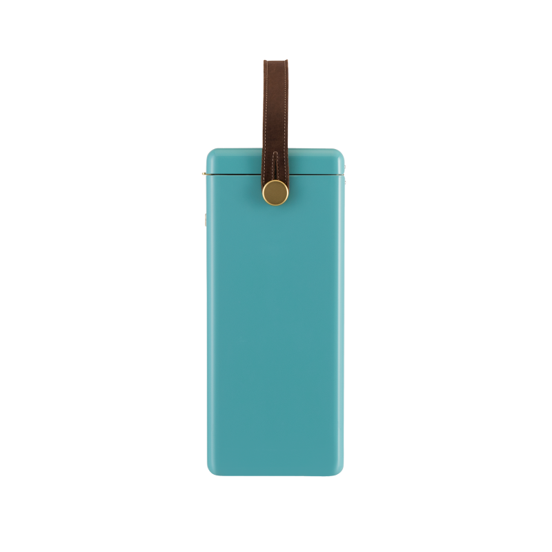 FIELDBAR - Bazaruto Blue Drinks Box. Side view of cooler box. Cooler box with leather handle