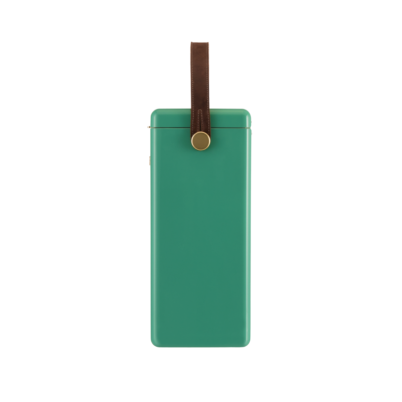 FIELDBAR - Parisian Green Drinks Box. Side view of cooler box. Cooler box with leather handle