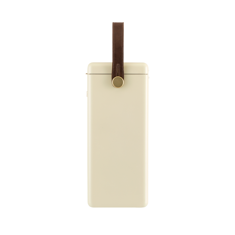 FIELDBAR - Safari White Drinks Box. Side view of cooler box. Cooler box with leather handle