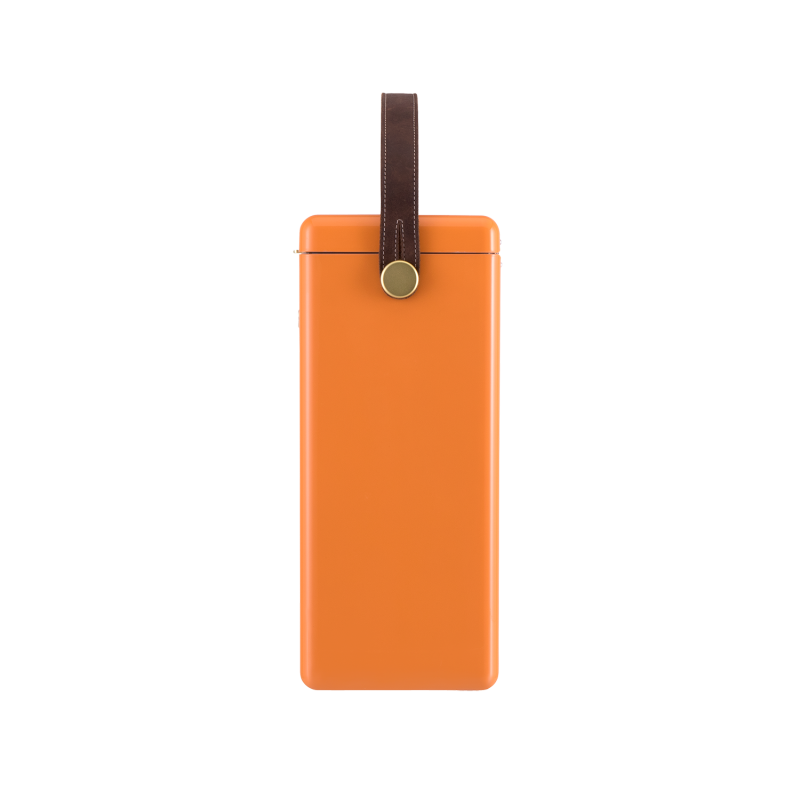 FIELDBAR - Orchard orange Drinks Box. Side view of cooler box. Cooler box with leather handle